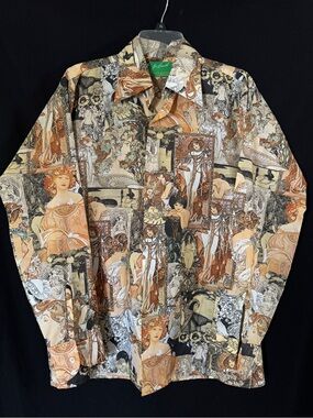 Vintage 70s Joe Namath by Arrow Mucha Art Nouveau Print Shirt Medium  Disco